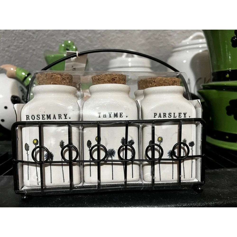 Rae Dunn Set Of 6  Ceramic Spice Jars Cork Lid Wire Metal Rack Homeline Holder